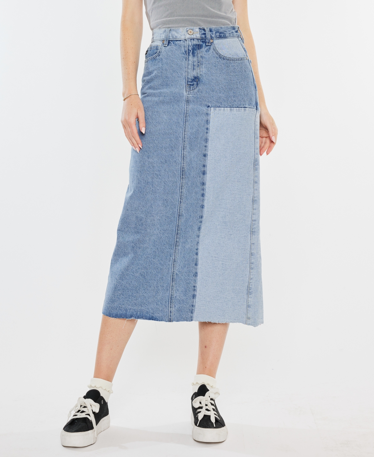 Shop Kancan Women's Two-toned Color Block Denim Midi Skirt In Light Denim