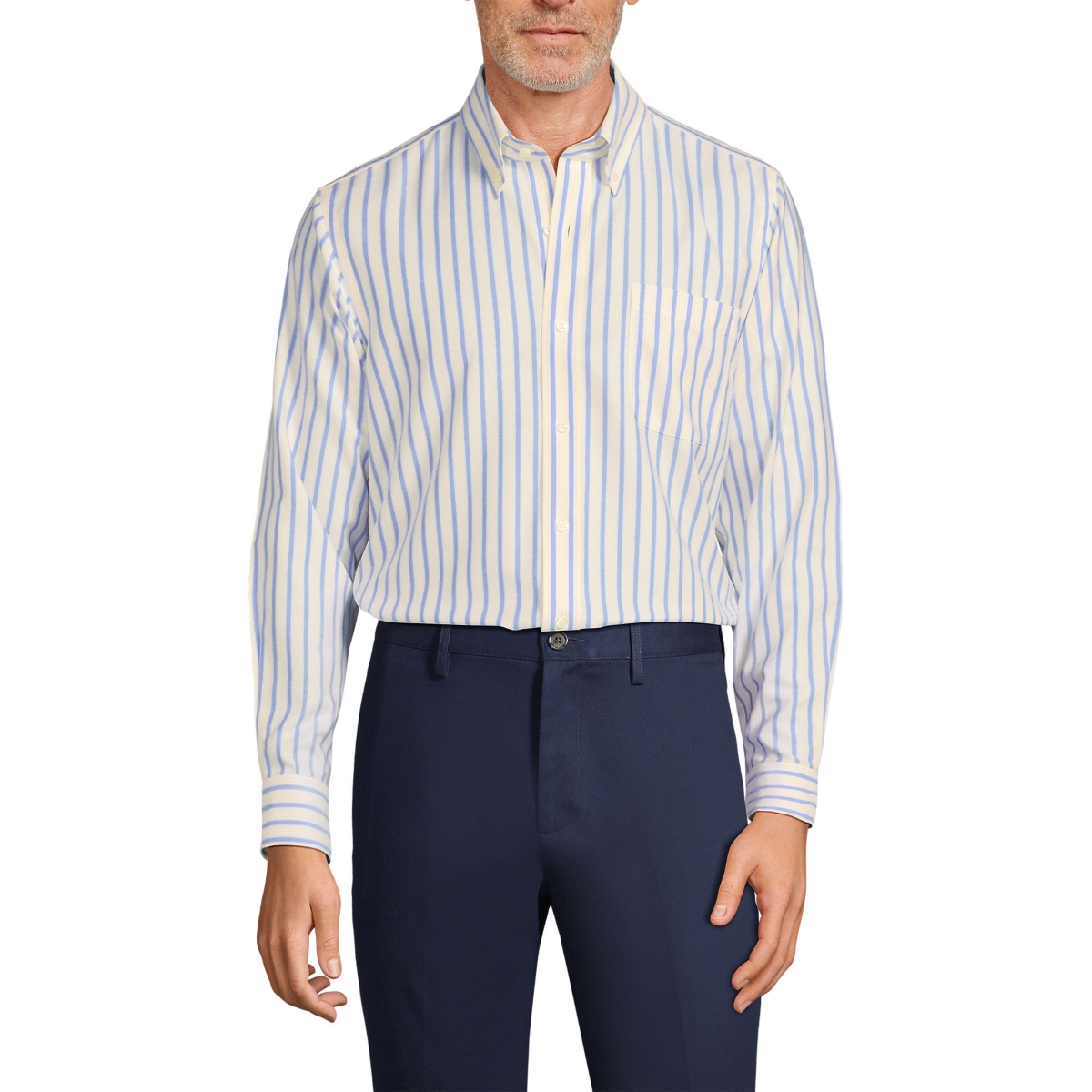 Lands' End Men's Pattern No Iron Supima Oxford Dress Shirt -yellow stripe