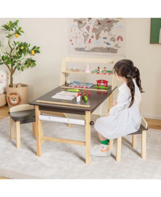 Kids Art Table & 2 Chairs Set Wooden Drawing Desk