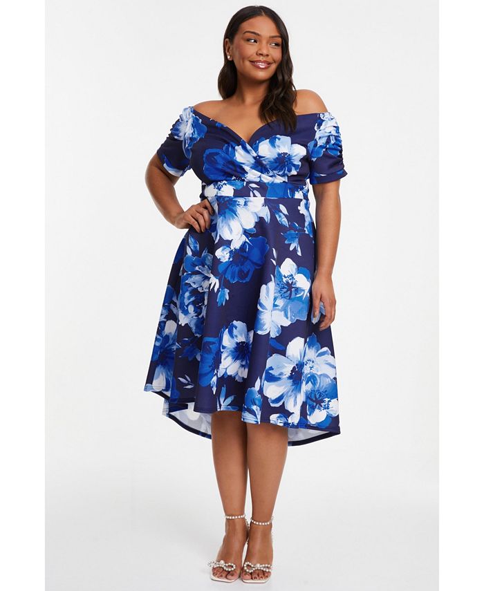 QUIZ Women s Plus Size Floral Bardot Ruched Dip Hem Dress Macy s