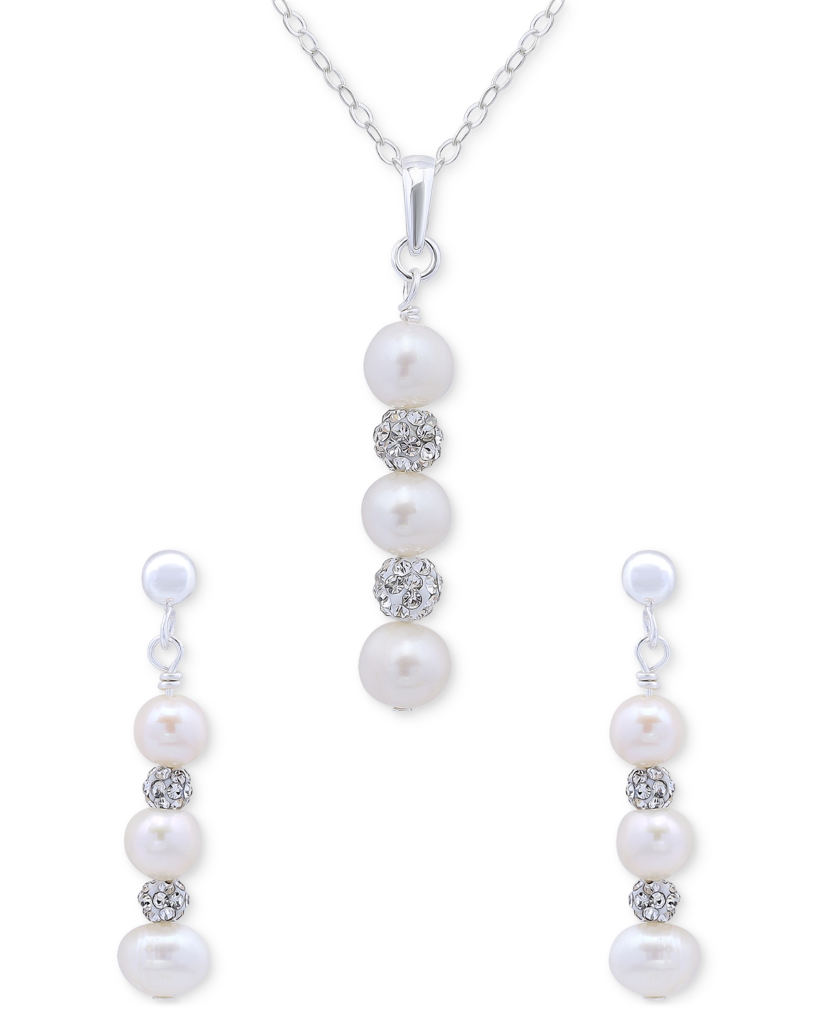 Shop Macy's Cultured Freshwater Pearl (5-7mm) & Crystal Pendant Necklace & Matching Drop Earrings Set In Sterlin In White