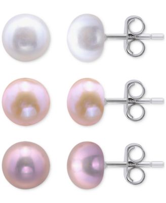 Macy's - 3-Pc. Set Multicolor Cultured Freshwater Pearl (8mm) Stud Earrings in Sterling Silver