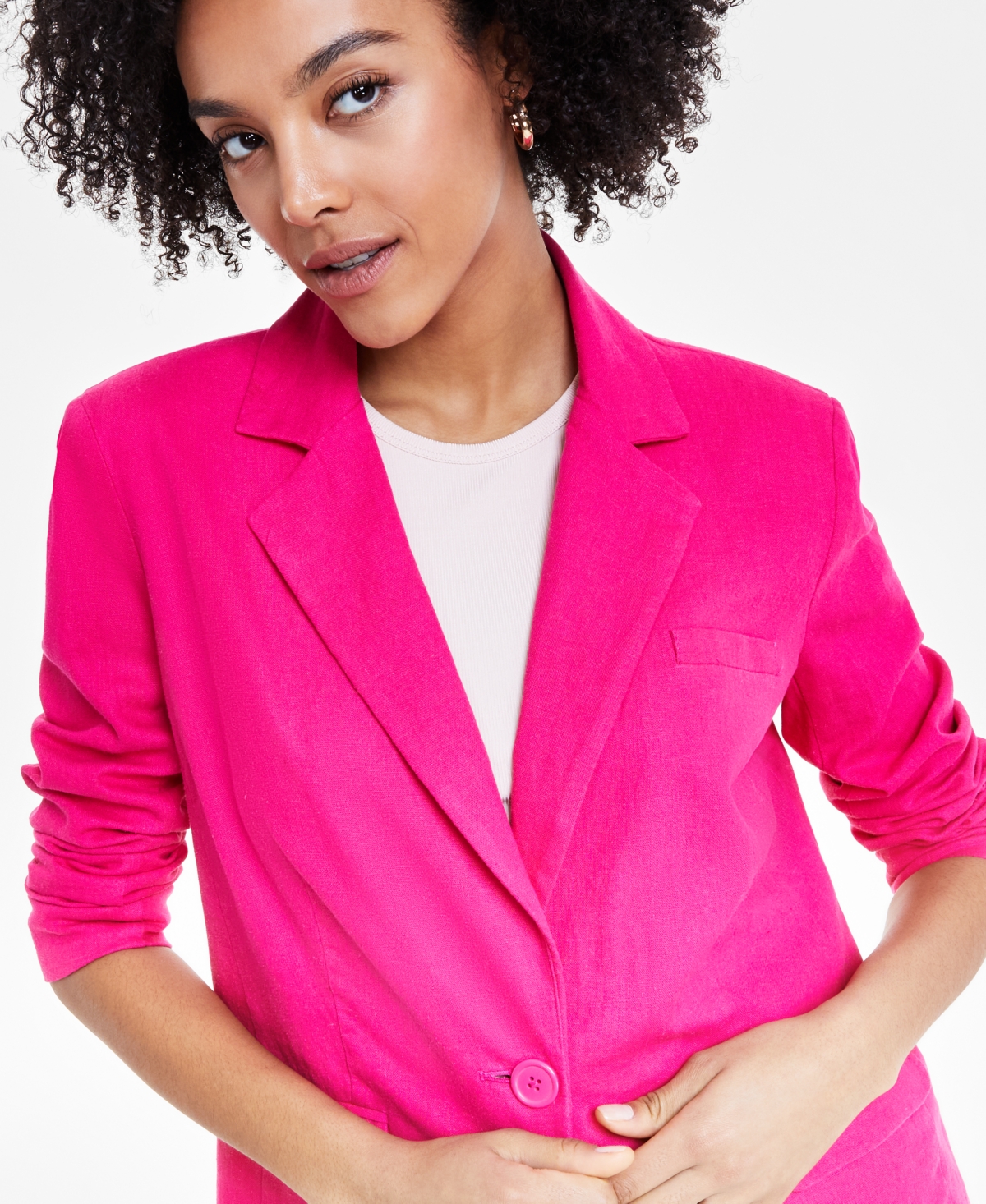 Shop Bar Iii Women's One-button Linen Blend Blazer, Created For Macy's In Pink Peacock