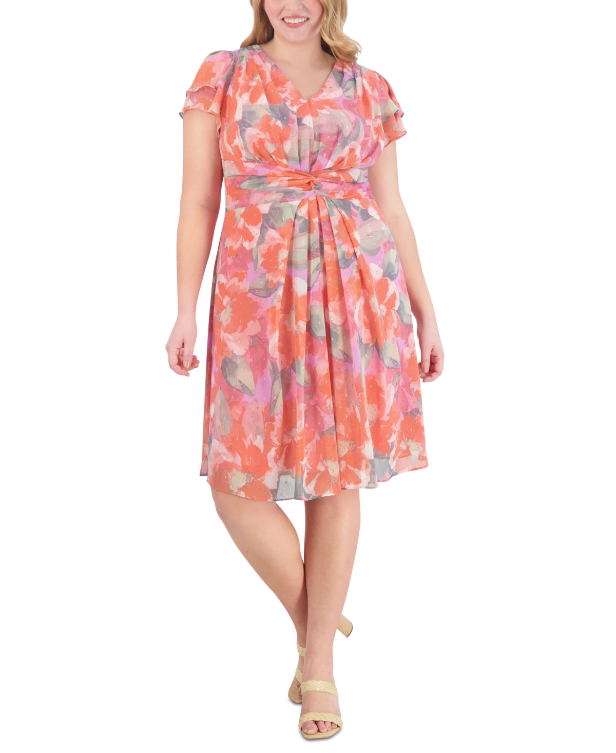 Jessica Howard Plus Size Twist-front Midi Dress In Pink Multi