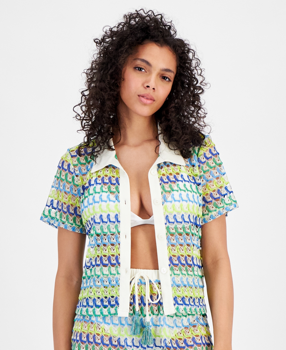 Juniors' Camp Crochet Shirt Cover-Up, Created for Macy's - Ivory Green Multi
