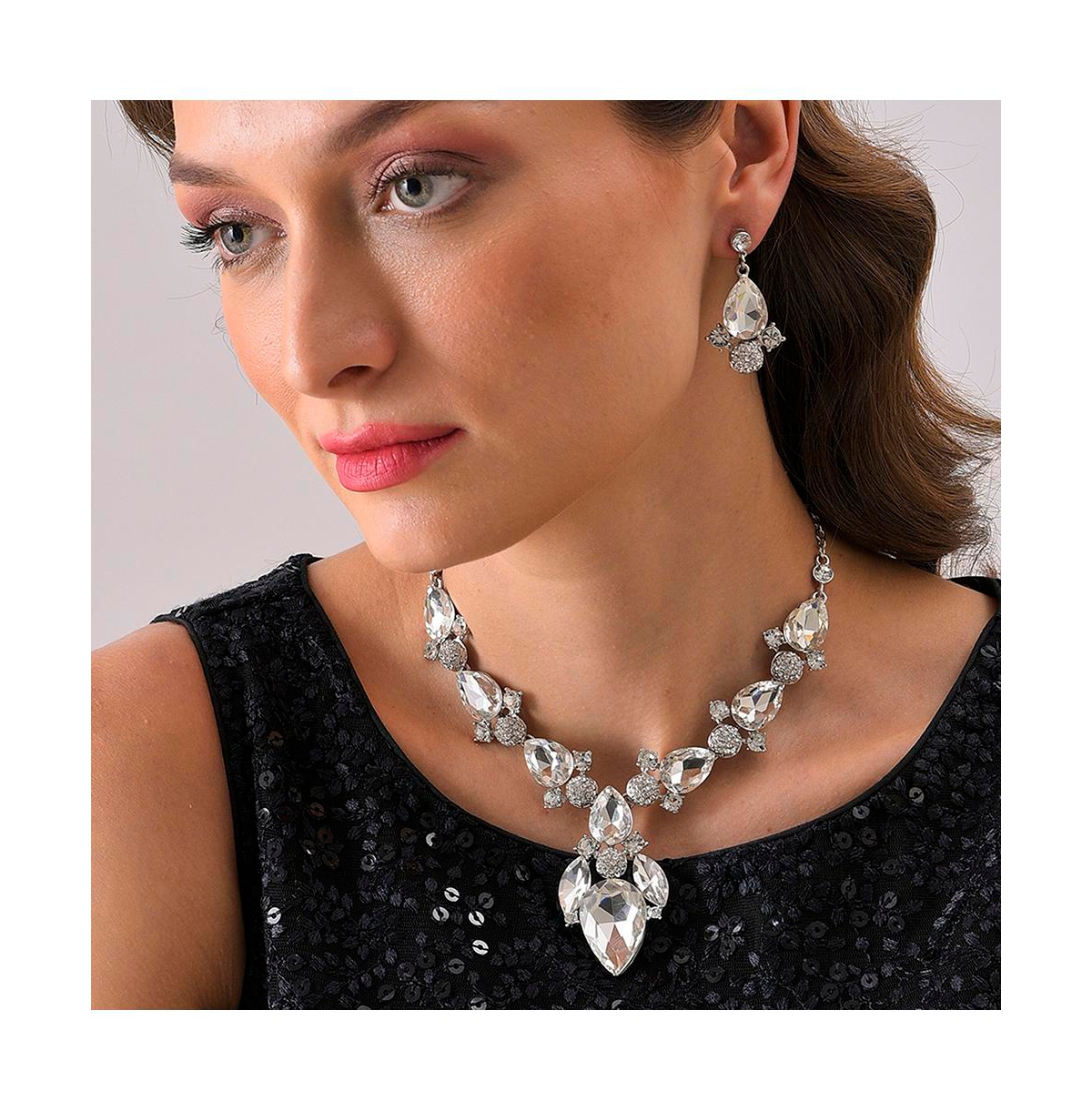 Sohi Women's Silver Stone Teardrop Necklace And Earrings (Set Of 2)