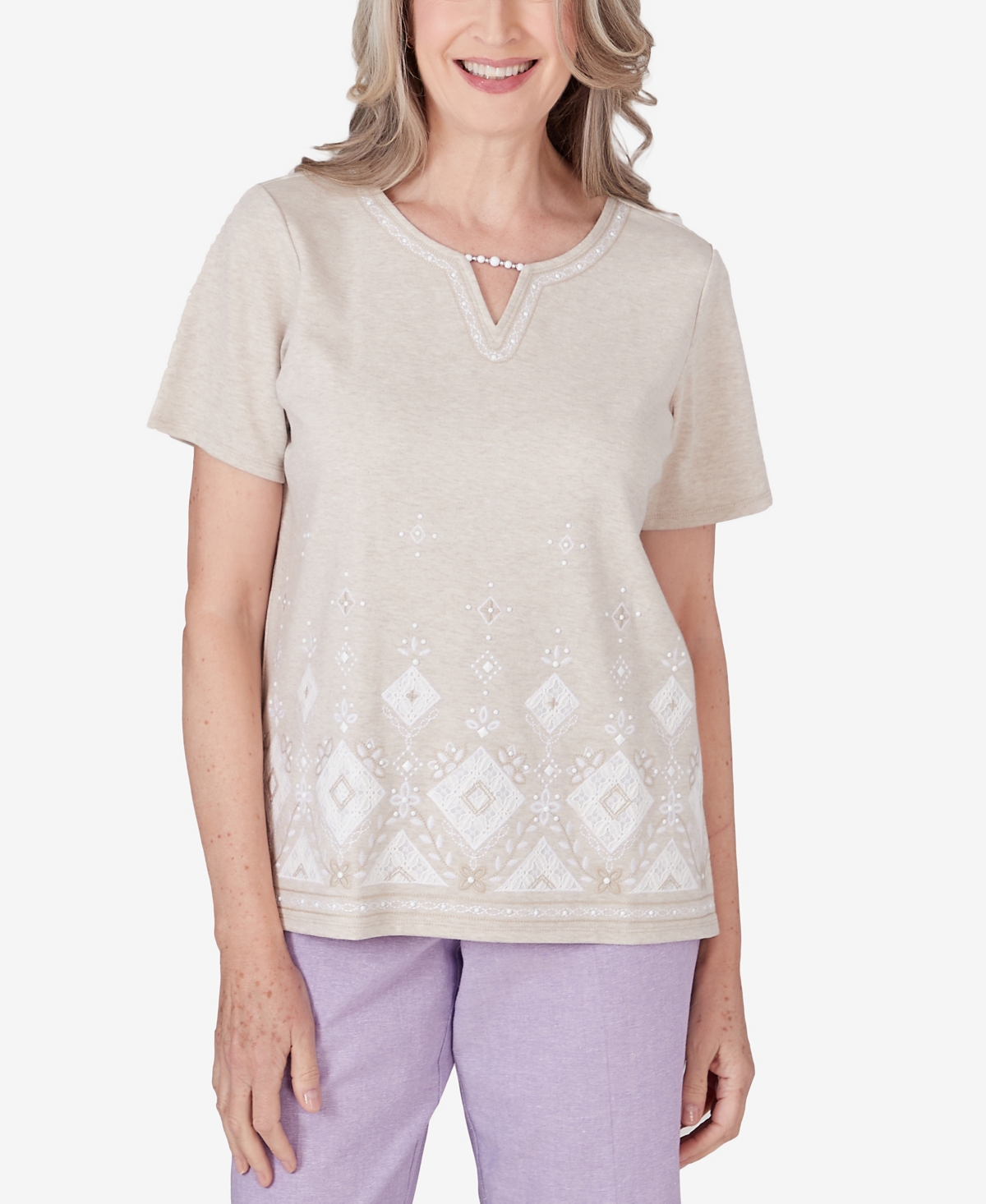 Shop Alfred Dunner Petite Garden Party Embroidered Diamond Border Top In Oatmeal Heather