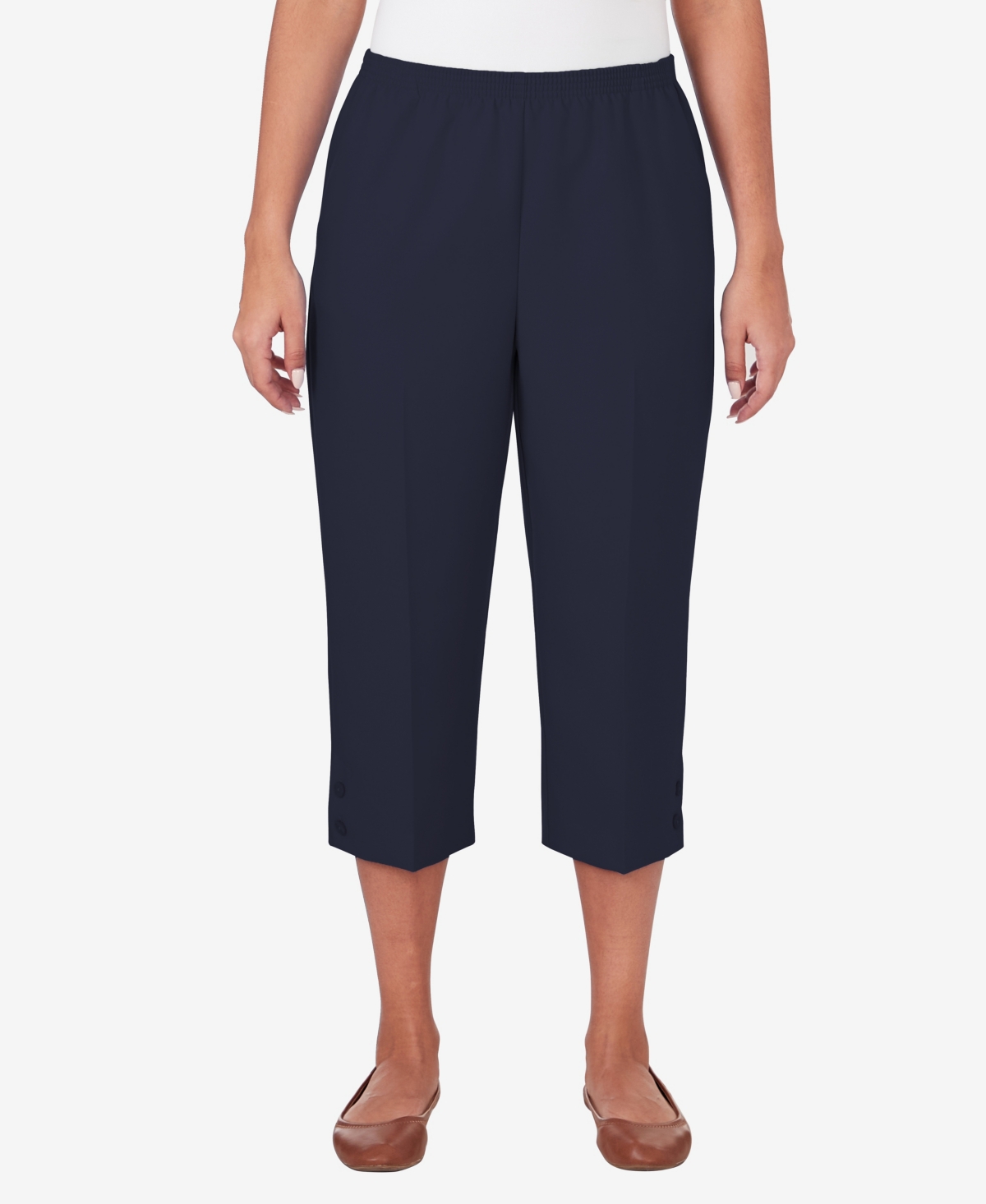 Shop Alfred Dunner Petite Classic Stretch Waist Accord Button Hem Capri Pants In Navy