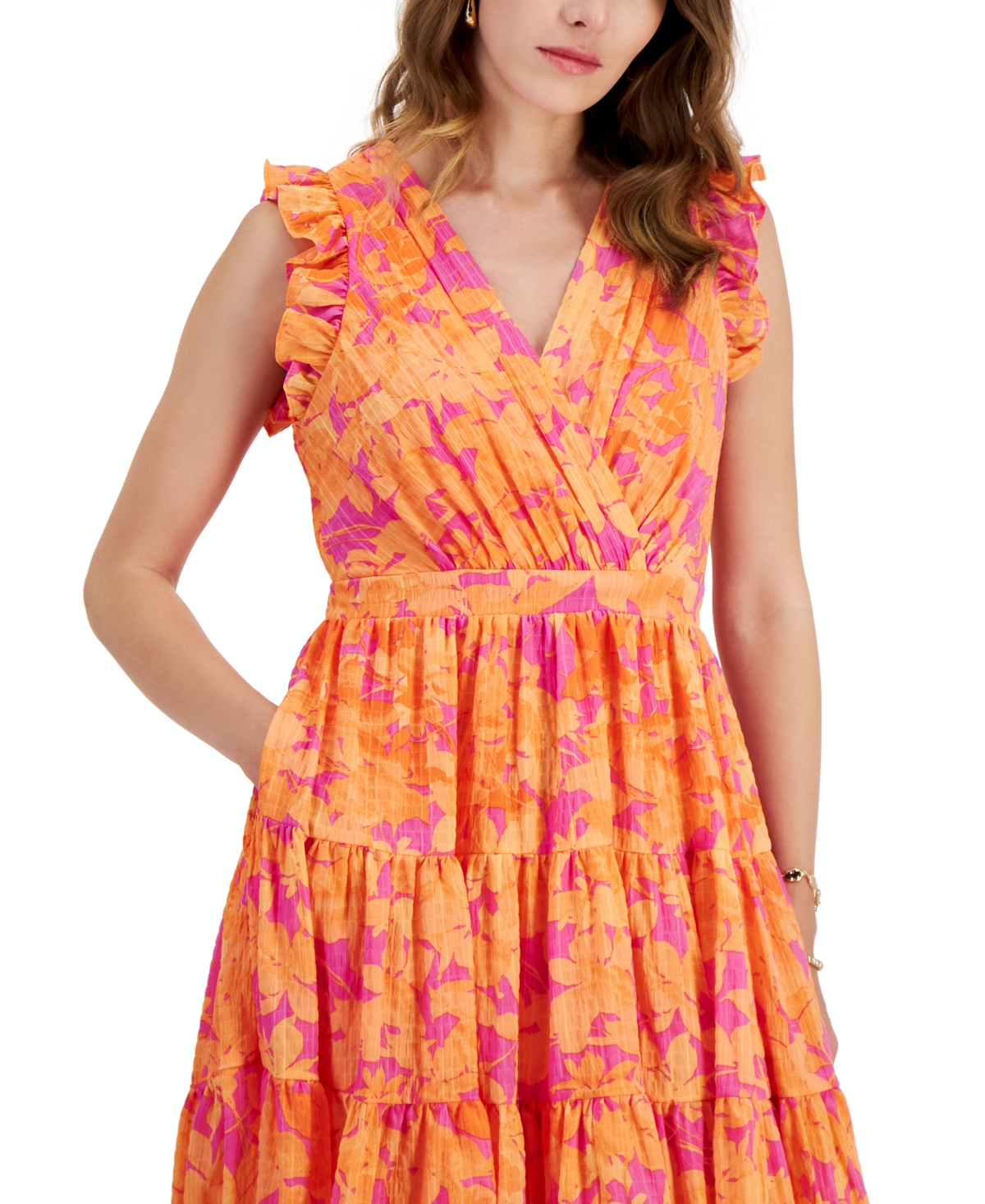 Shop Taylor Petite Printed Chiffon Tiered A-line Dress In Purple.orange