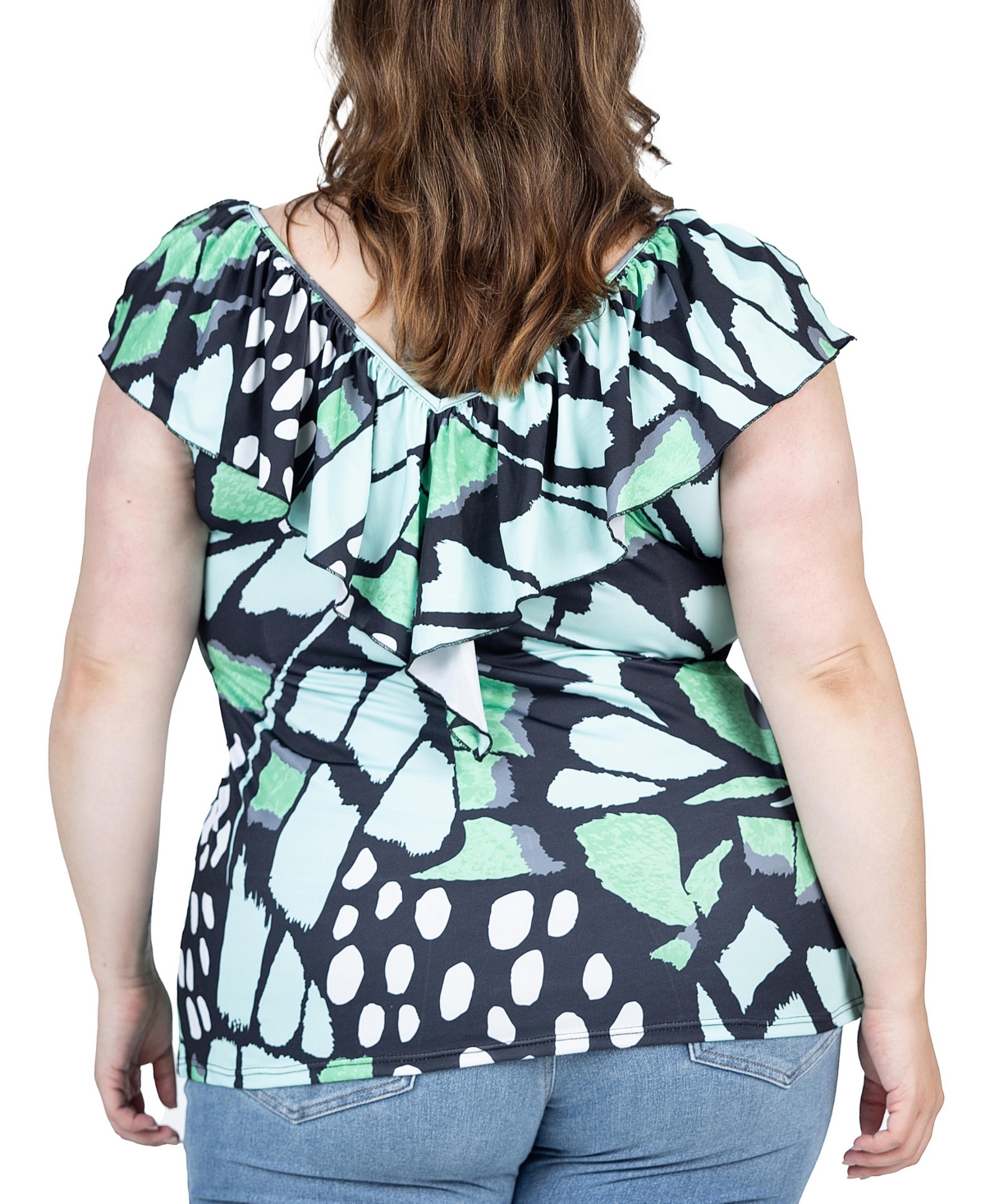 24seven Comfort Apparel Plus Size Cap Sleeve Ruffle V Neck Top