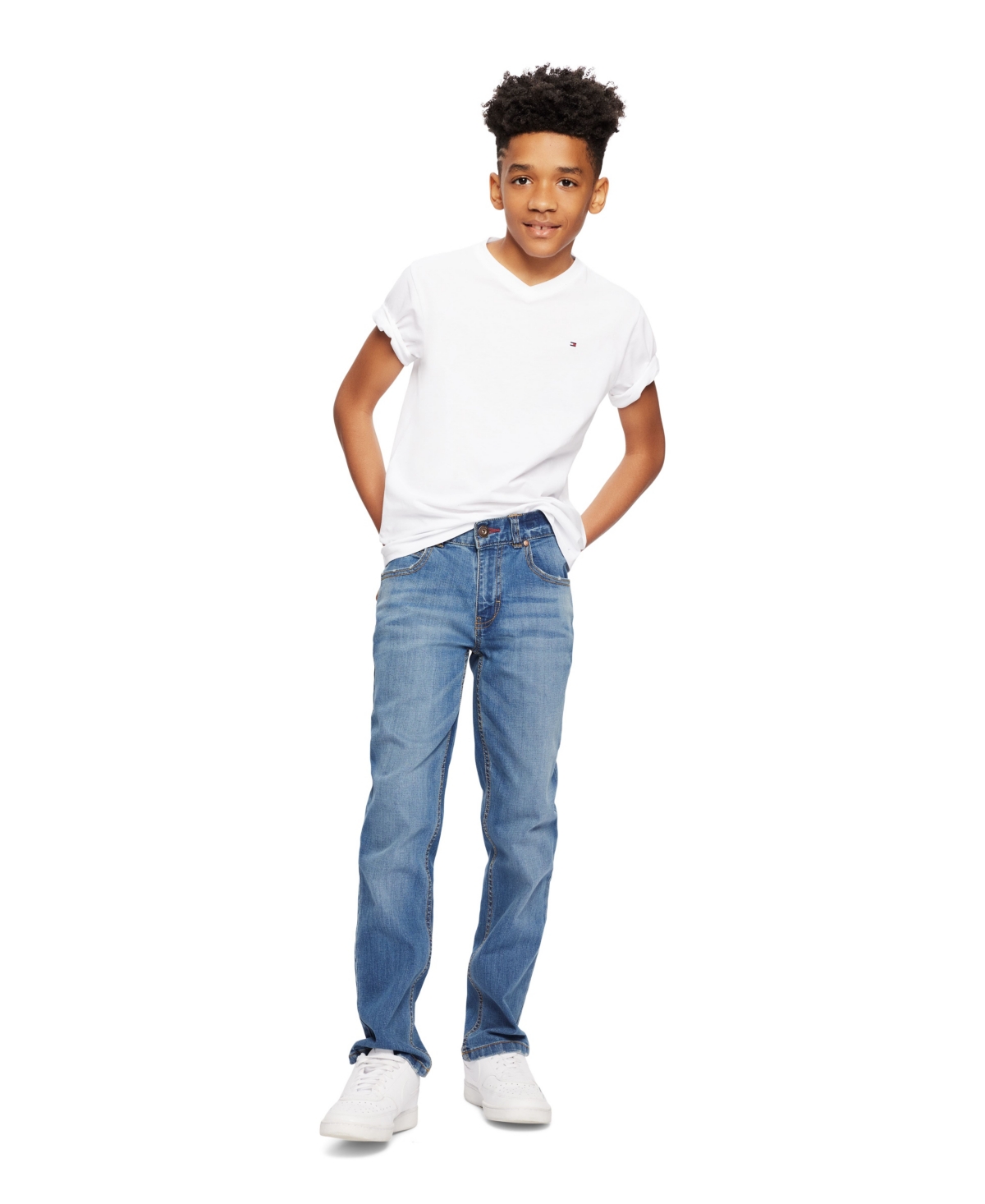 Tommy Hilfiger Big Boys' Solid Embroidered Logo V-Neck Tee