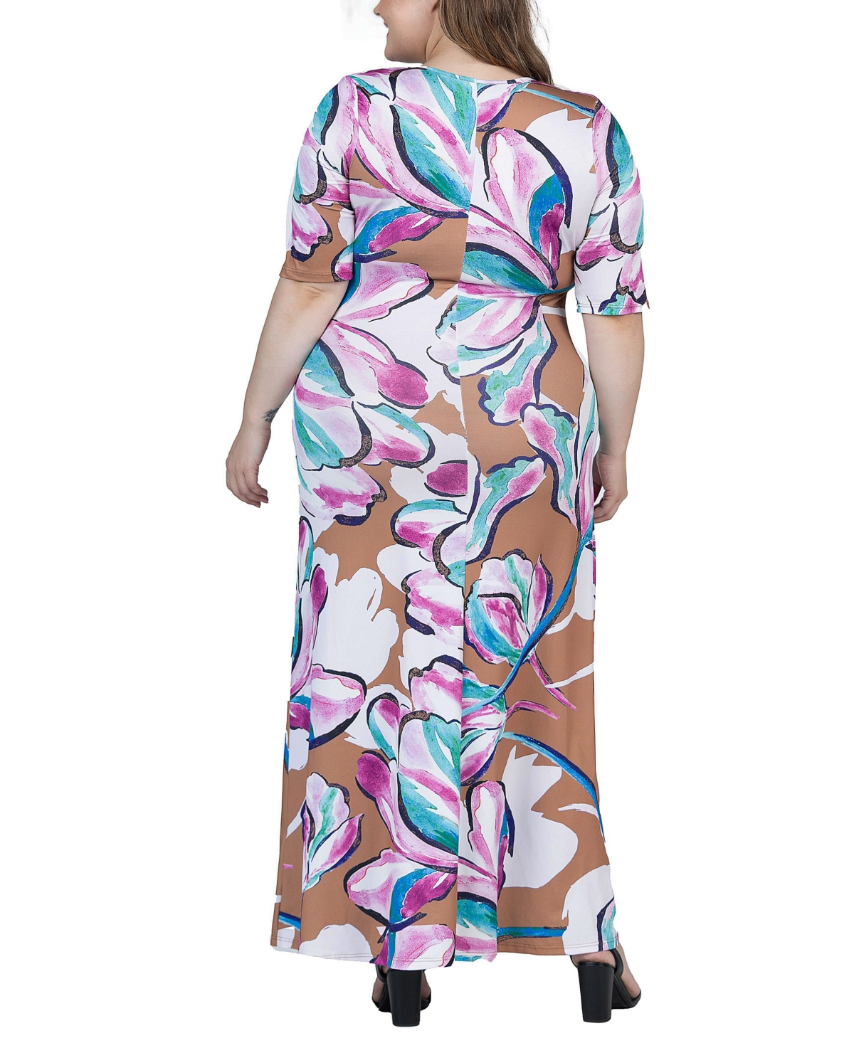 24seven Comfort Apparel Plus Elbow Sleeve Casual A Line Maxi Dress