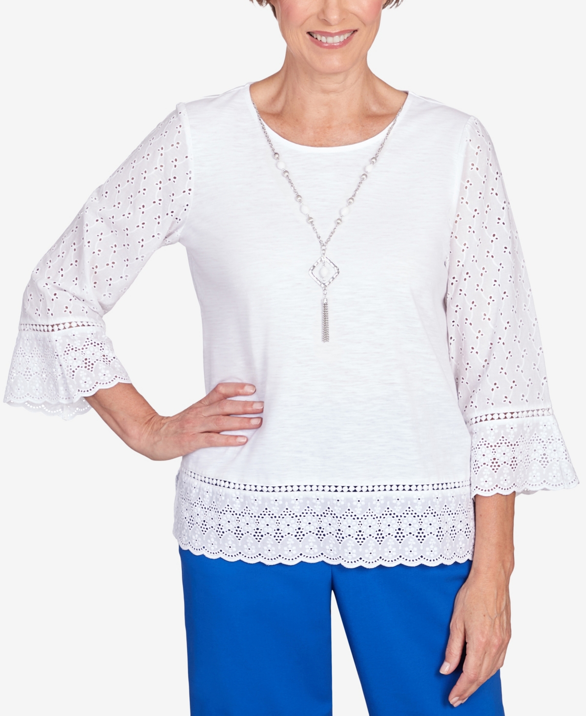 Alfred Dunner Petite Tradewinds Eyelet Trim Flutter Sleeve Necklace Top In White