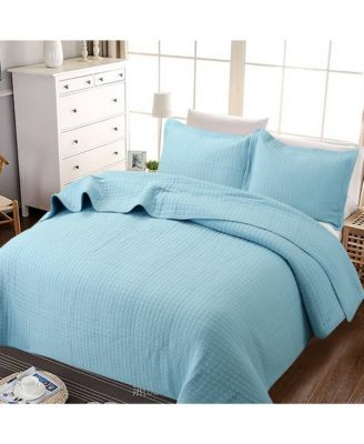 100% Blue Cotton Quilt Bedspread Set - Queen