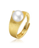 Sterling Silver 14K Gold Plated with Genuine Freshwater Pearl Linear Adjustable Ring - Gold