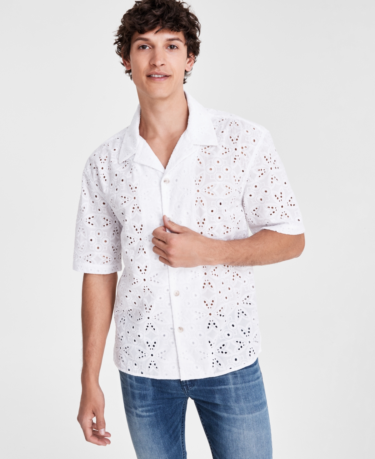 Shop Inc International Concepts Men's Idris Floral Eyelet Short-sleeve Camp Shirt, Created For Macy's In Bright White
