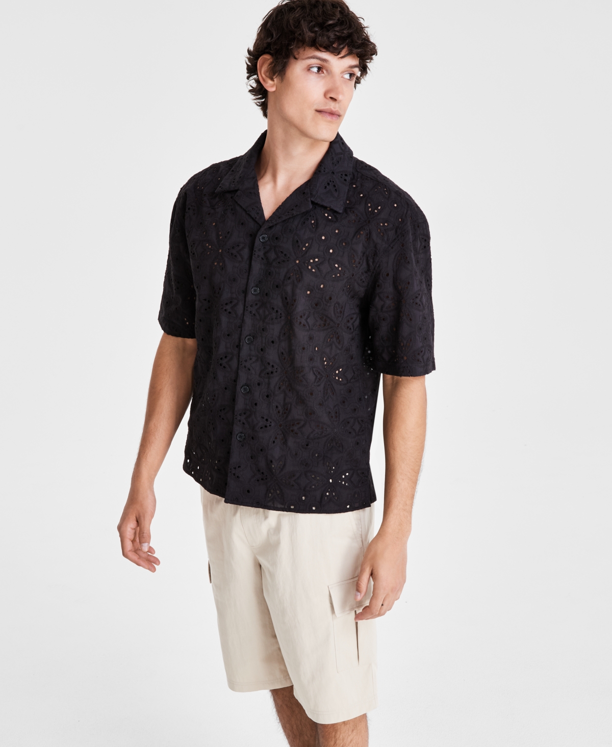 Shop Inc International Concepts Men's Idris Floral Eyelet Short-sleeve Camp Shirt, Created For Macy's In Deep Black