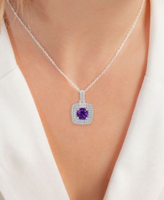 Amethyst & Lab-Grown White Sapphire Square Halo Birthstone Pendant Necklace in Sterling Silver, 16" + 2" extender 