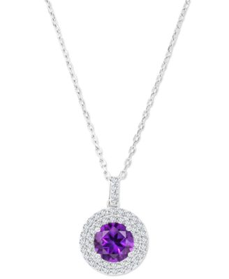 Amethyst (1-1/5 ct. t.w.) & Lab-Grown White Sapphire (3/8 ct. t.w.) Halo Birthstone Pendant Necklace in Sterling Silver, 16" + 2" extender