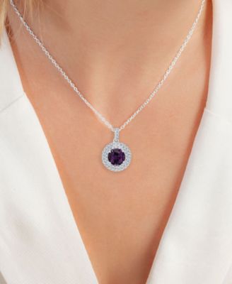 Amethyst (1-1/5 ct. t.w.) & Lab-Grown White Sapphire (3/8 ct. t.w.) Halo Birthstone Pendant Necklace in Sterling Silver, 16" + 2" extender (Also in Additional Birthstones)