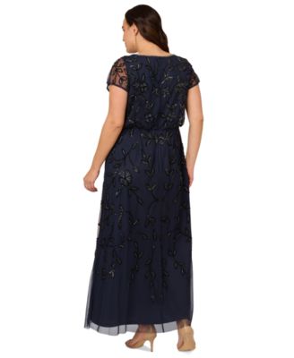 Plus Size Blouson Beaded Short-Sleeve Gown 