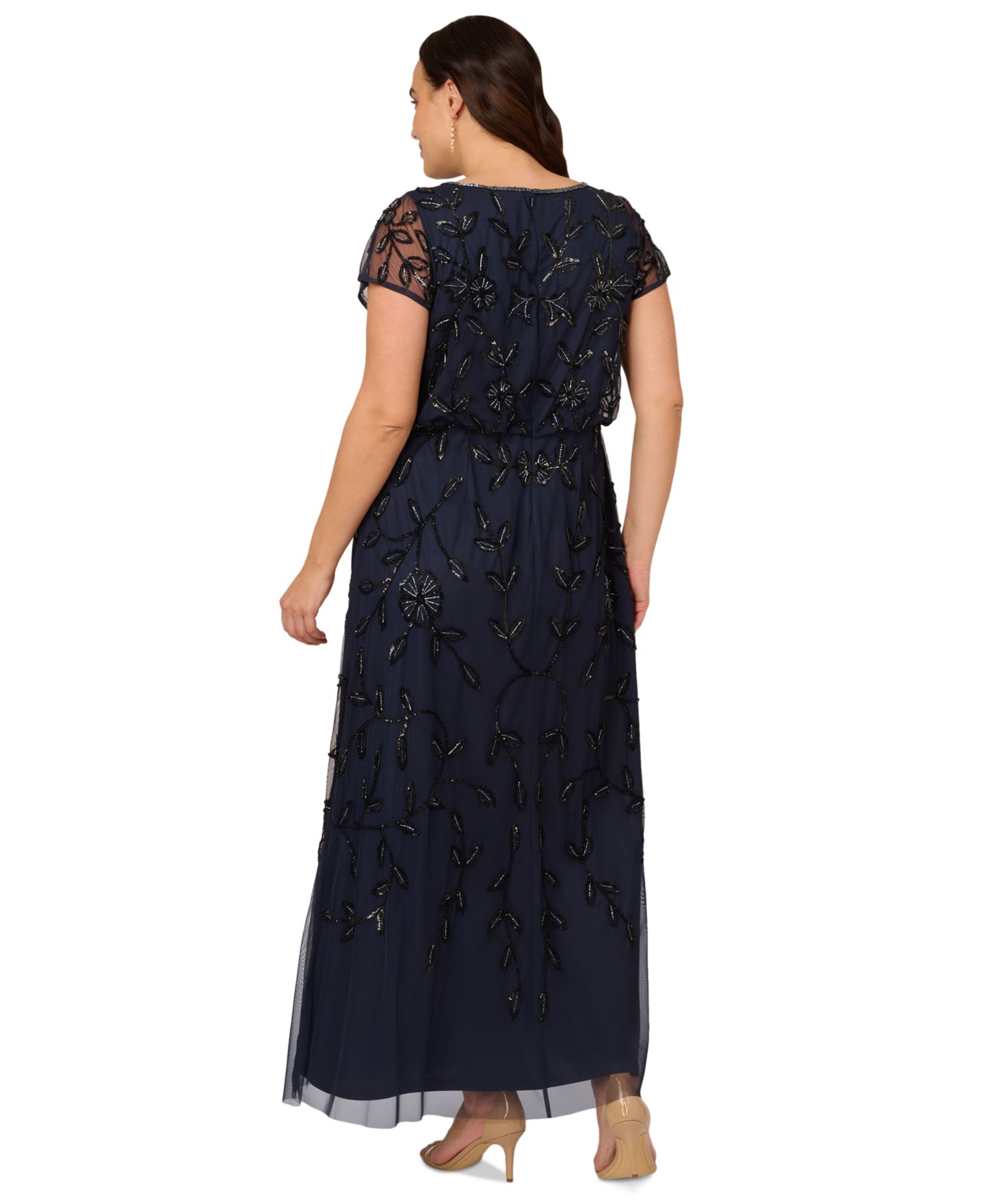 Женские платья Adrianna Papell Plus Size Blouson Beaded Short-Sleeve Gown, цвет: Тёмно-синий чёрный — фото 2
