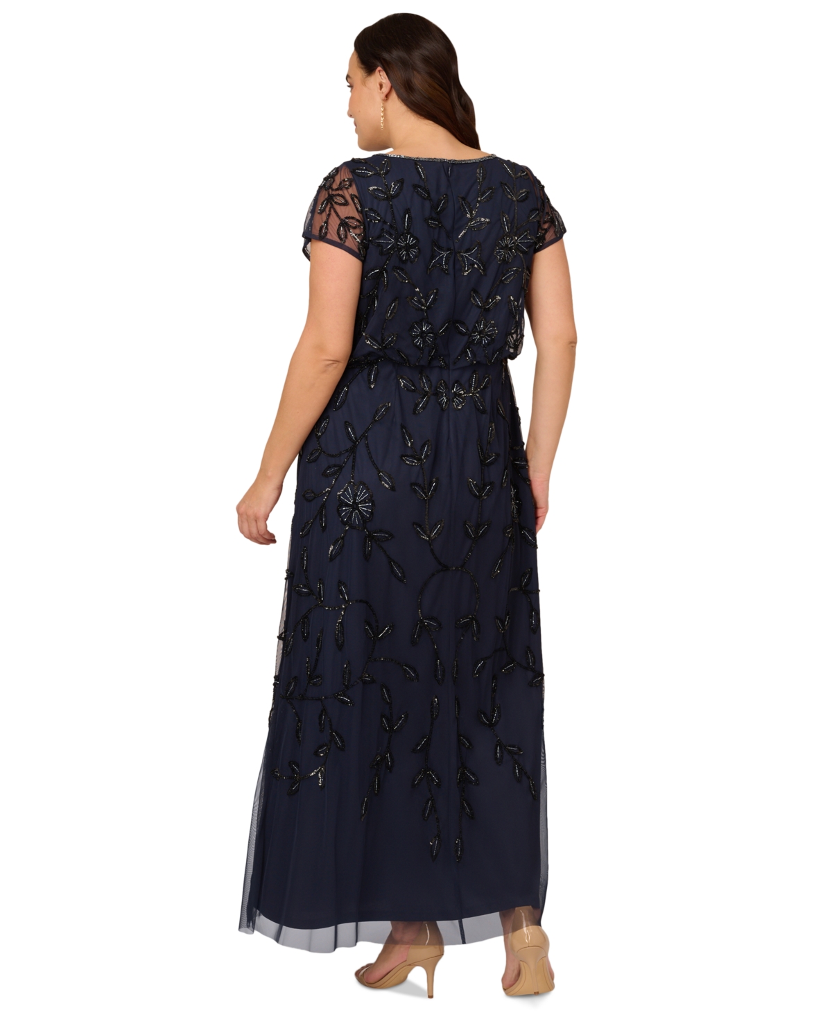 Shop Adrianna Papell Plus Size Blouson Beaded Short-sleeve Gown In Navy Black