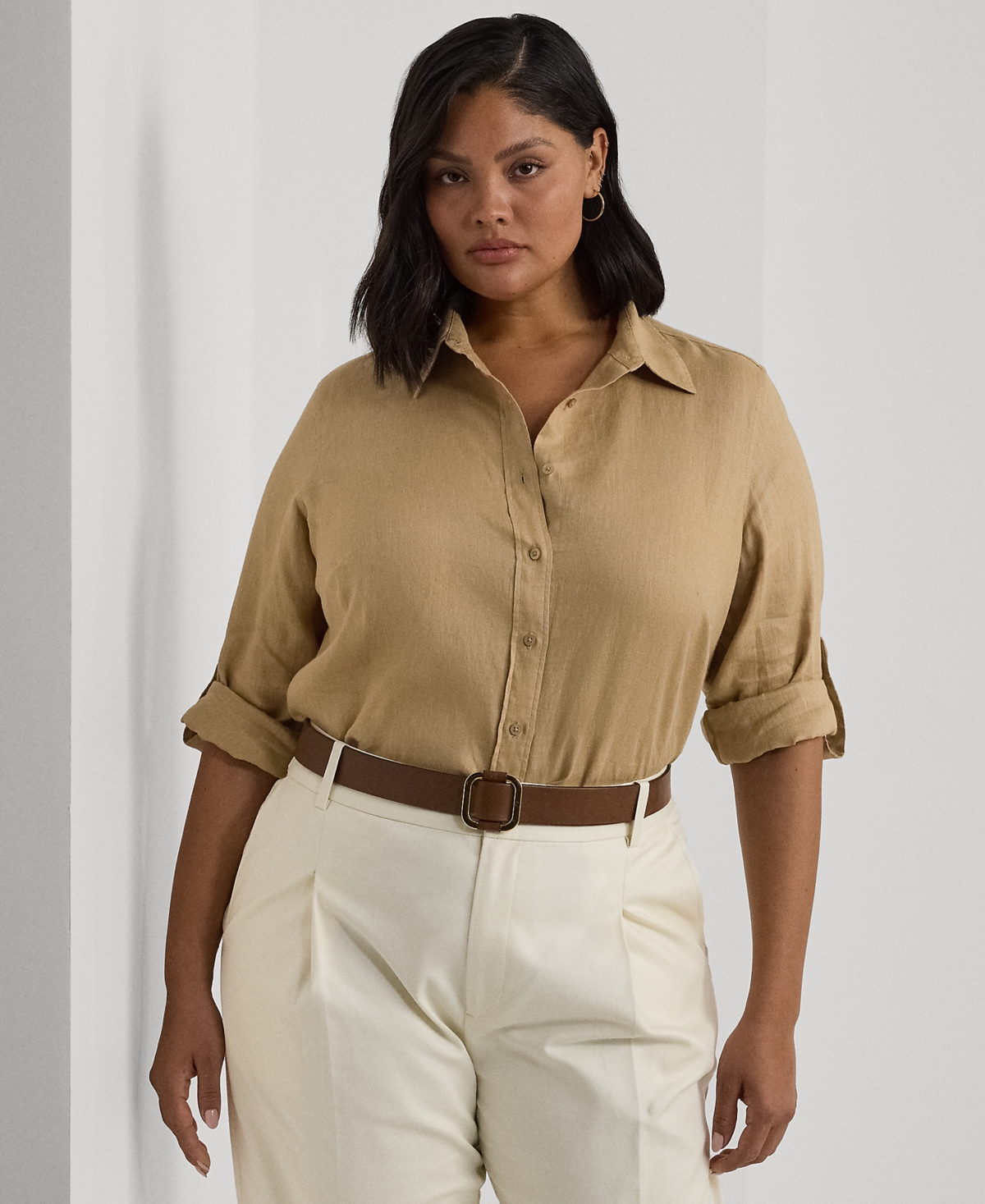 Shop Ralph Lauren Plus Size 100% Linen Roll-tab Shirt In Birch Tan