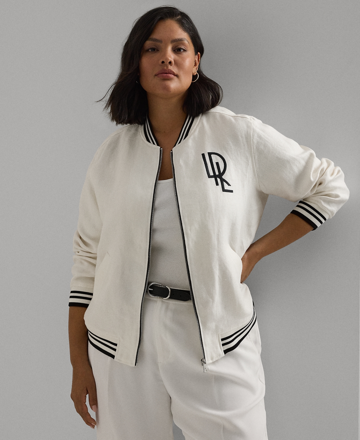 Shop Lauren Ralph Lauren Plus Size Linen Bomber Jacket In Mascarpone Cream