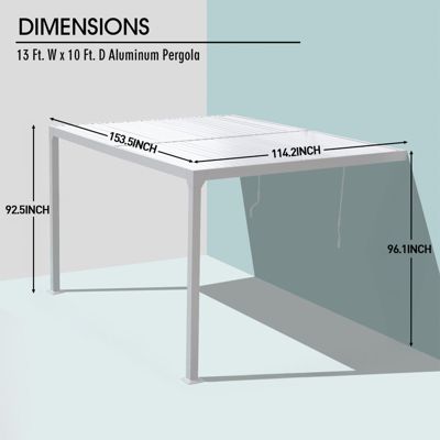 153.9''x114.5''x92.5''. D Outdoor Louvered Pergola Adjustable Louvered Sloping Roof Wall-Mounted Pergola