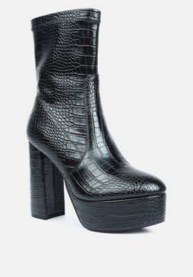Womens Feral High Heeled Croc Pattern Ankle Boot