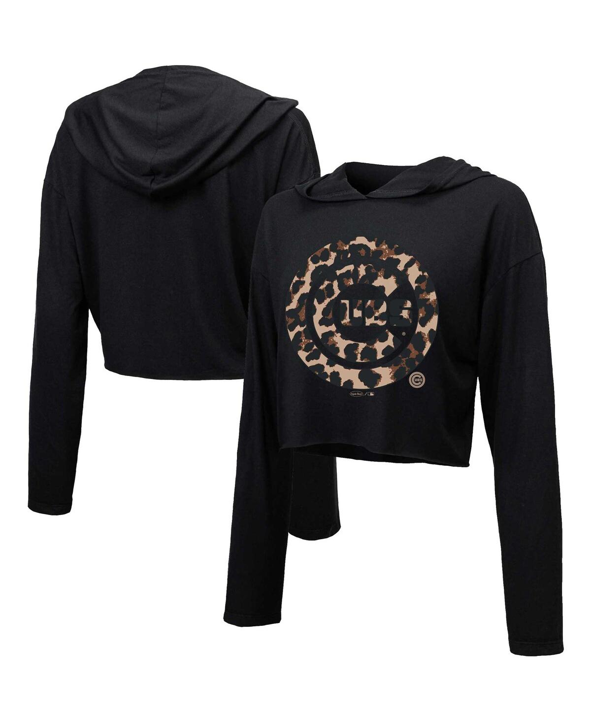 Women's Majestic Threads Black Chicago Cubs Leopard Cropped Hoodie - Black