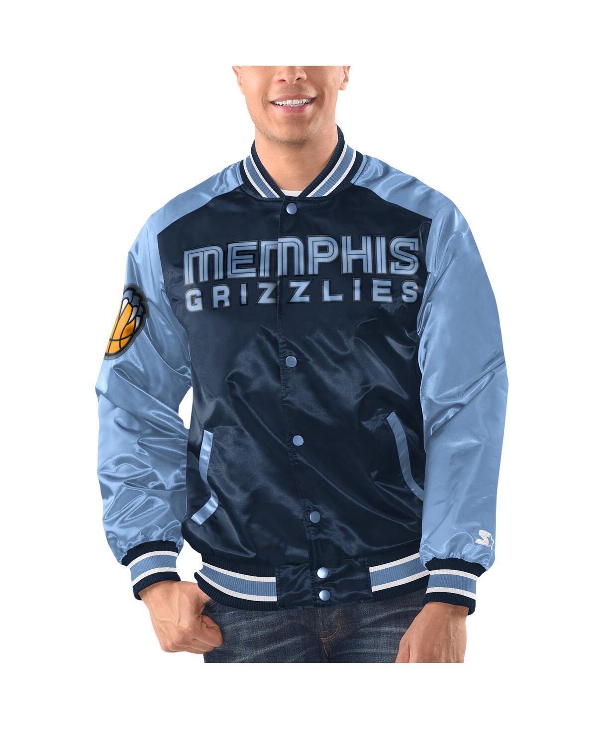 Starter Men's  Navy, Light Blue Memphis Grizzlies Renegade Satin Full-snap Varsity Jacket In Navy,light Blue
