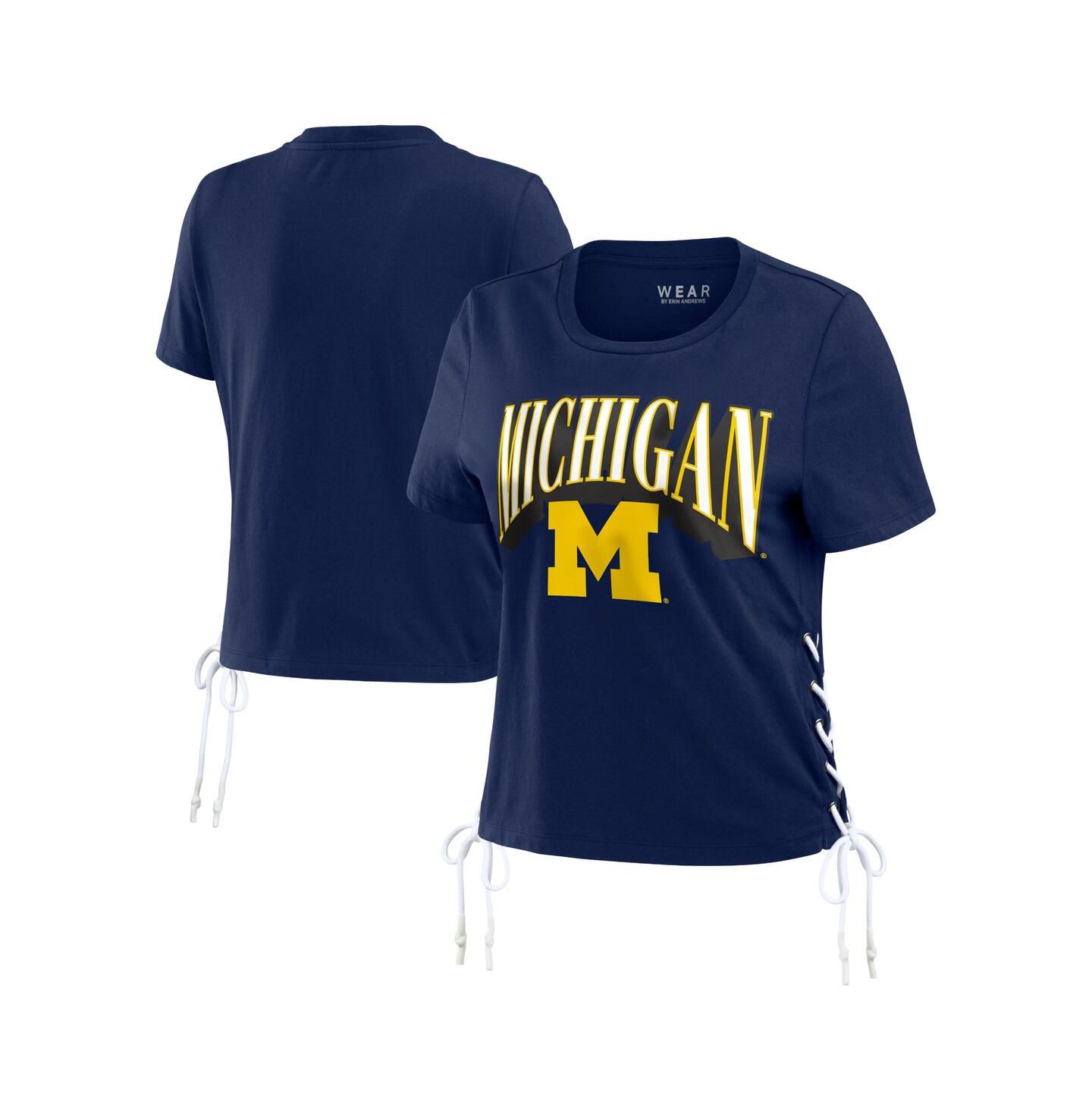 Женская футболка WEAR by Erin Andrews Navy Michigan Wolverines Side Lace-Up Modest Crop — фото 1
