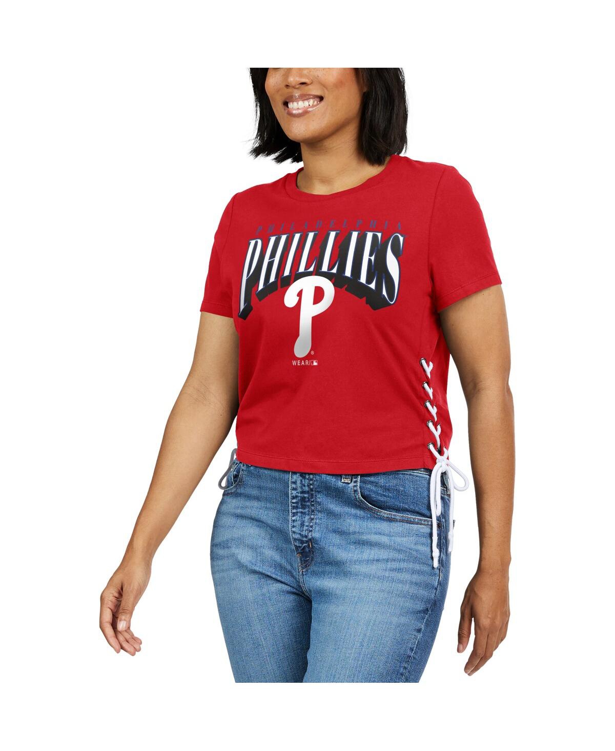 Shop Wear By Erin Andrews Women's  Red Philadelphia Phillies Side Lace-up Cropped T-shirt