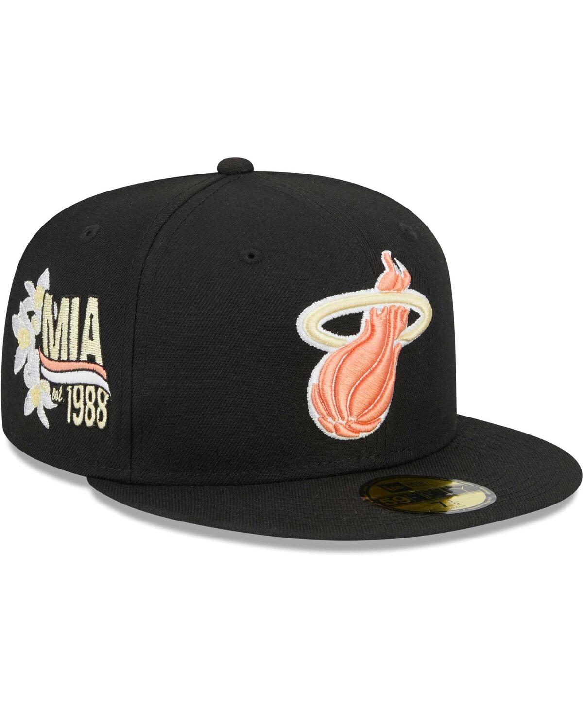 Shop New Era Men's  Black Miami Heat Floral Side 59fifty Fitted Hat