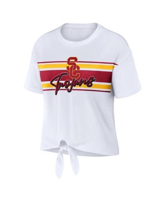 Women's White USC Trojans Striped Front Knot Cropped T-shirt