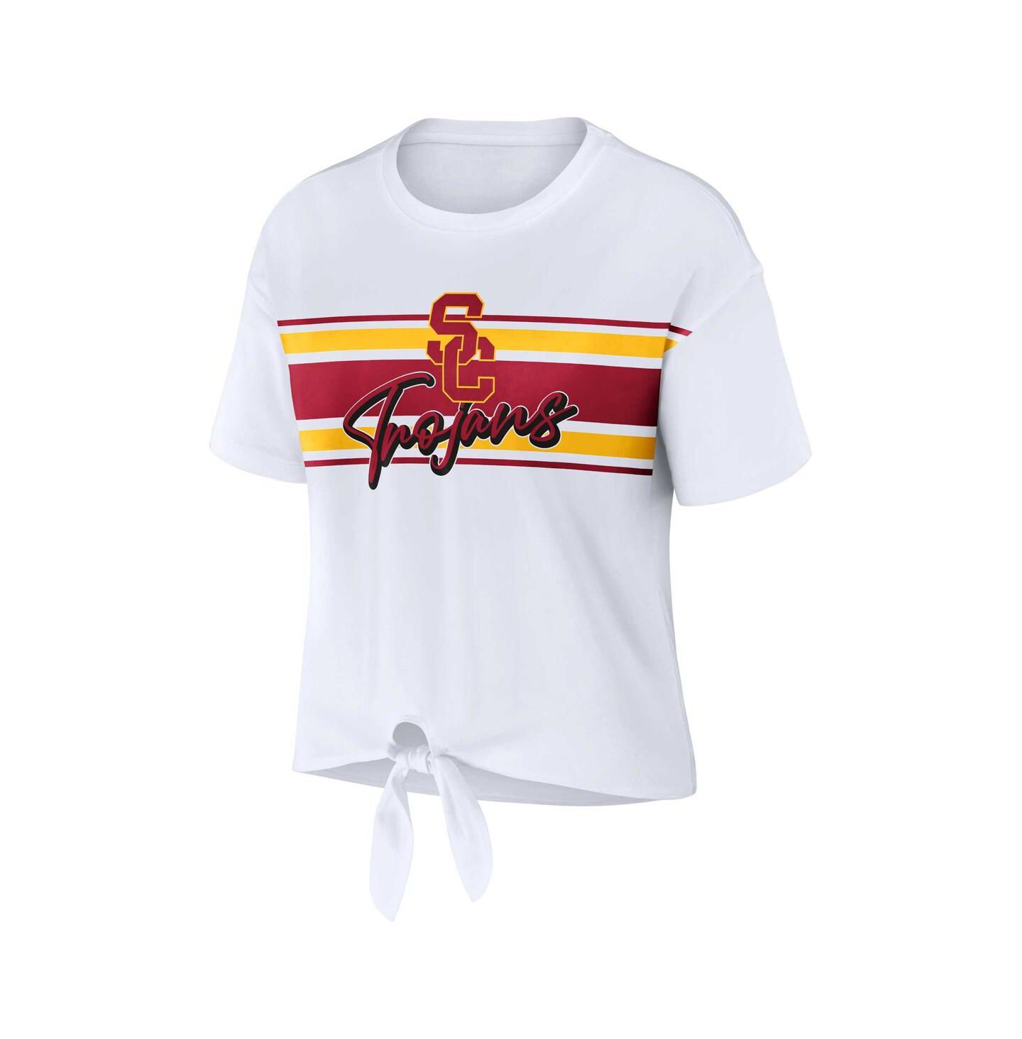 Женская футболка WEAR by Erin Andrews White USC Trojans Striped Front Knot Cropped — фото 2