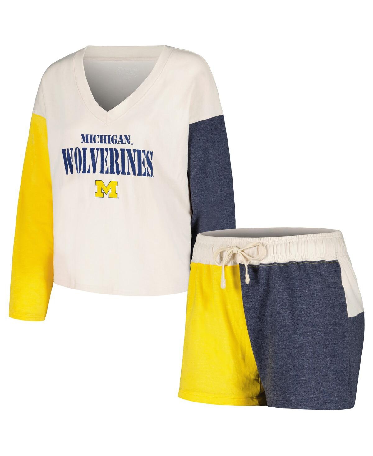 Women's Wes & Willy Cream Distressed Michigan Wolverines Colorblock Tri-Blend Long Sleeve V-Neck T-shirt and Shorts Sleep Set - Cream