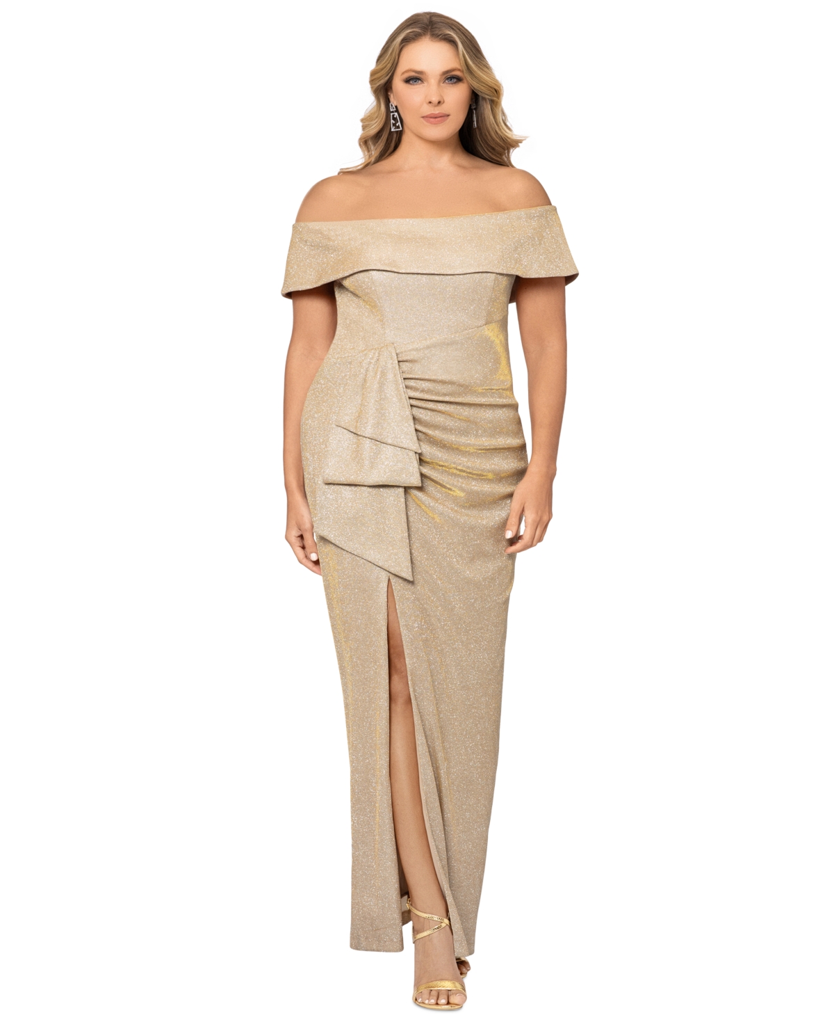 Xscape Plus Off-The-Shoulder Glitter Gown