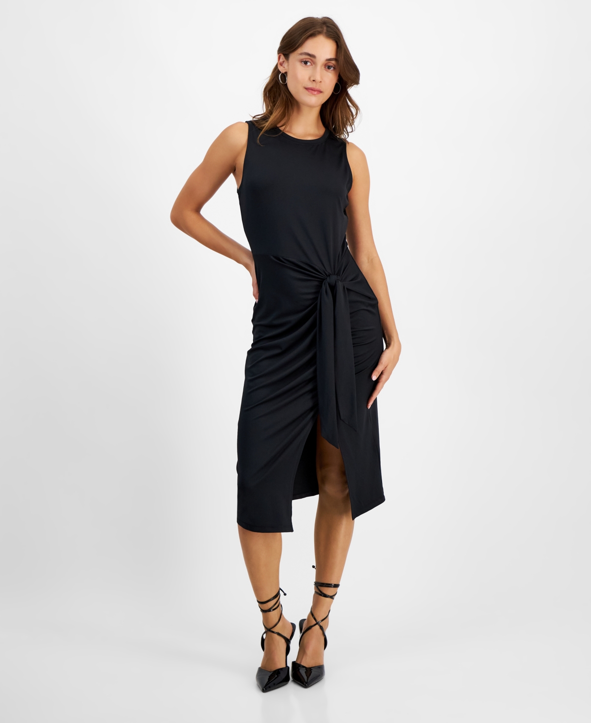 Petite Tie-Front Asymmetrical-Hem Midi Dress, Created for Macy's - Deep Black