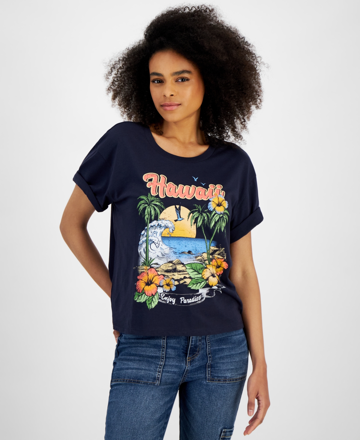 Juniors' Hawaii Tropical Graphic T-Shirt - NAVY BLAZER