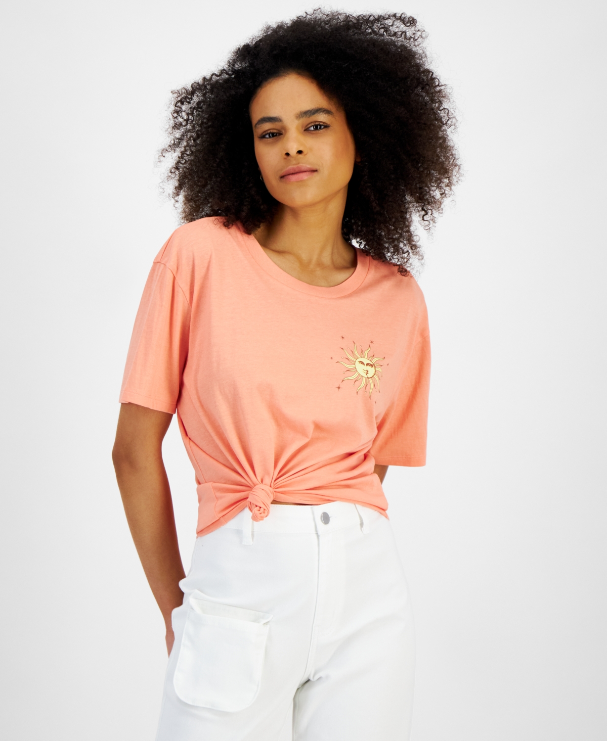 Juniors' Sunshine Flower Graphic Crewneck T-Shirt - Calypso Coral