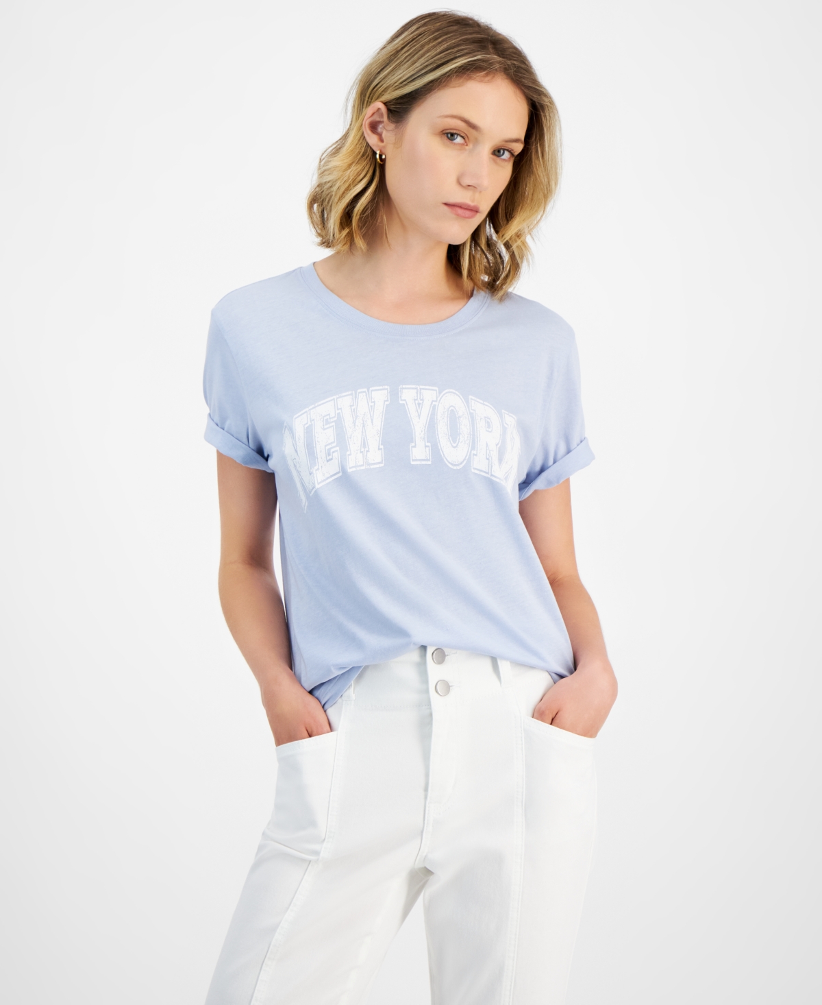 Shop Rebellious One Juniors' Skylight New York Graphic T-shirt In Skylight Blue