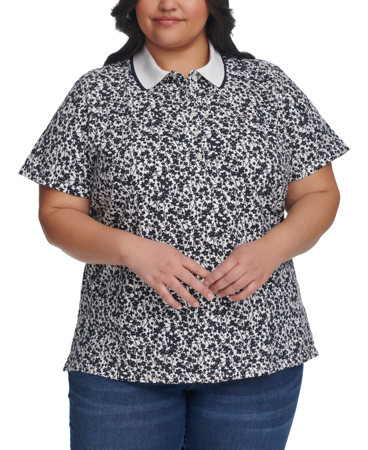 Tommy Hilfiger Plus Size Buttercup Floral-print Polo Shirt In Sky Captain,bright White