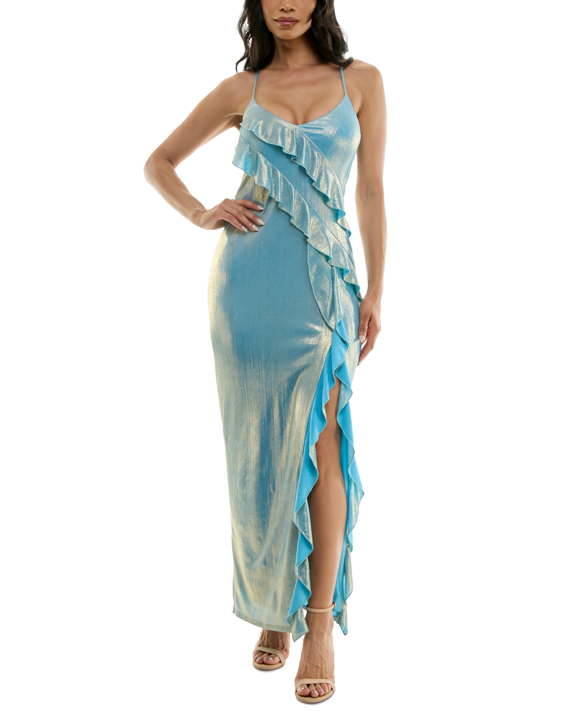 Juniors' Metallic Ruffled Strappy-Back Gown - Lt Blue/go