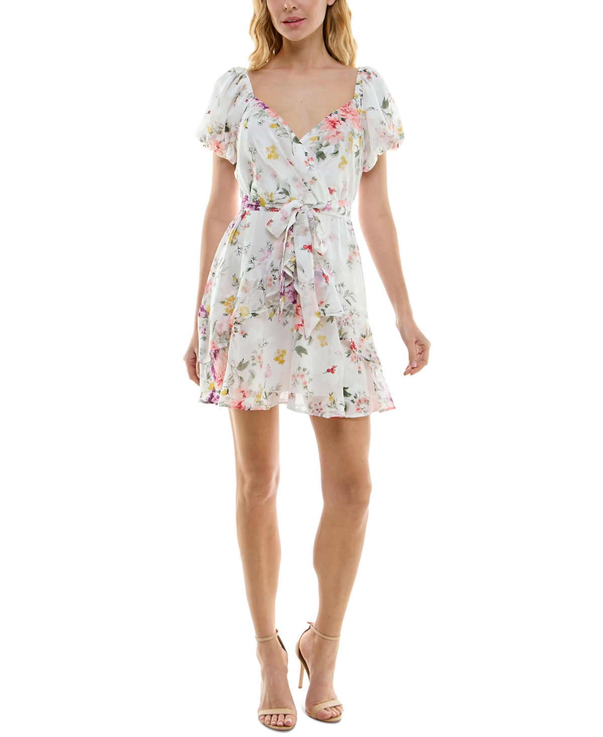 Shop Trixxi Juniors' Puffed-sleeve Sweetheart-neck Fit & Flare Dress In Whtflor