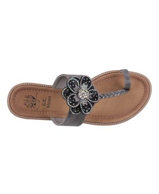 Women's Blossom Flower Embellished Toe Ring Flat Sandals