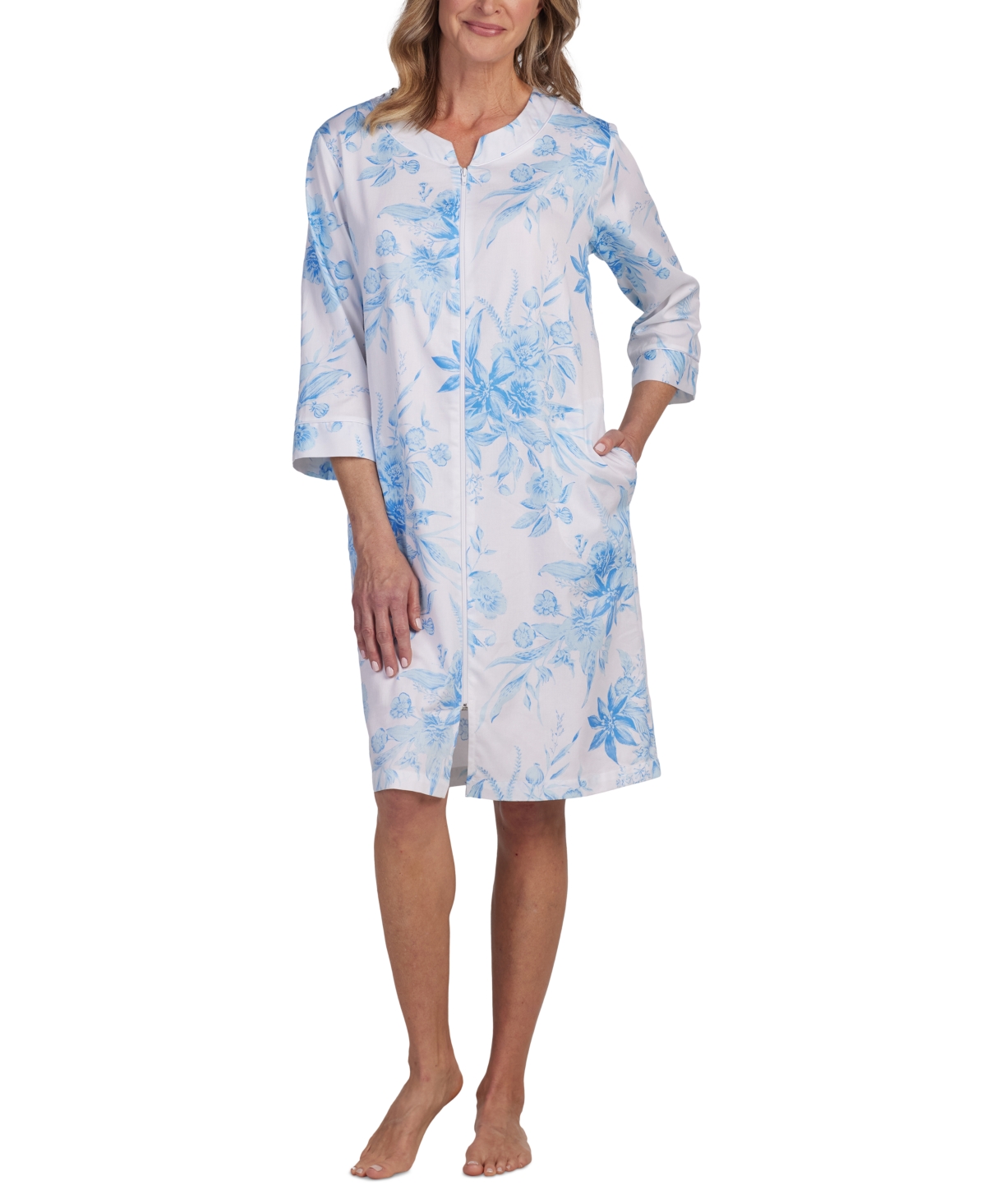 Women's Cotton Floral 3/4-Sleeve Robe - Blue Garden