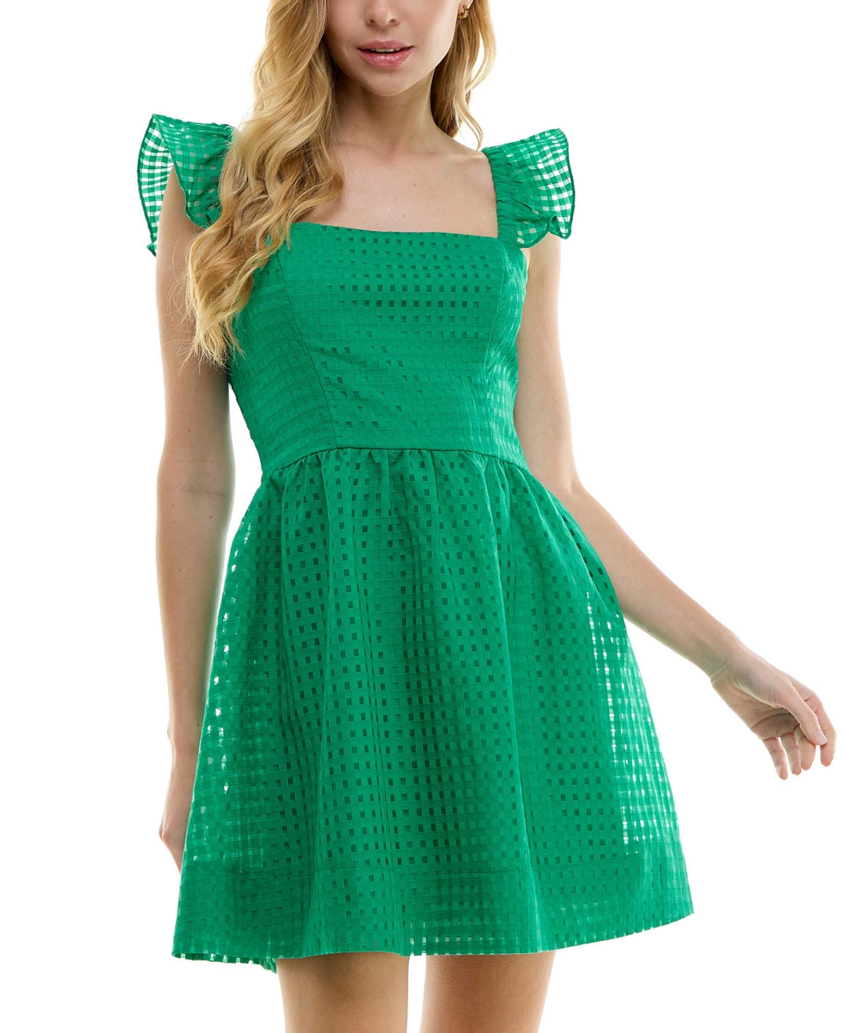 Junior's Embroidered Windowpane Fit & Flare Dress - Emerald